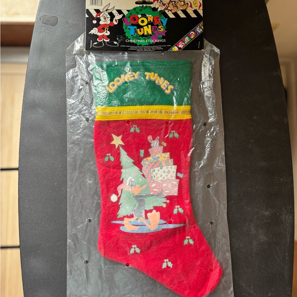 Vtg Looney Tunes Red And Green Christmas Stocking With Daffy Duck Lots of Fading